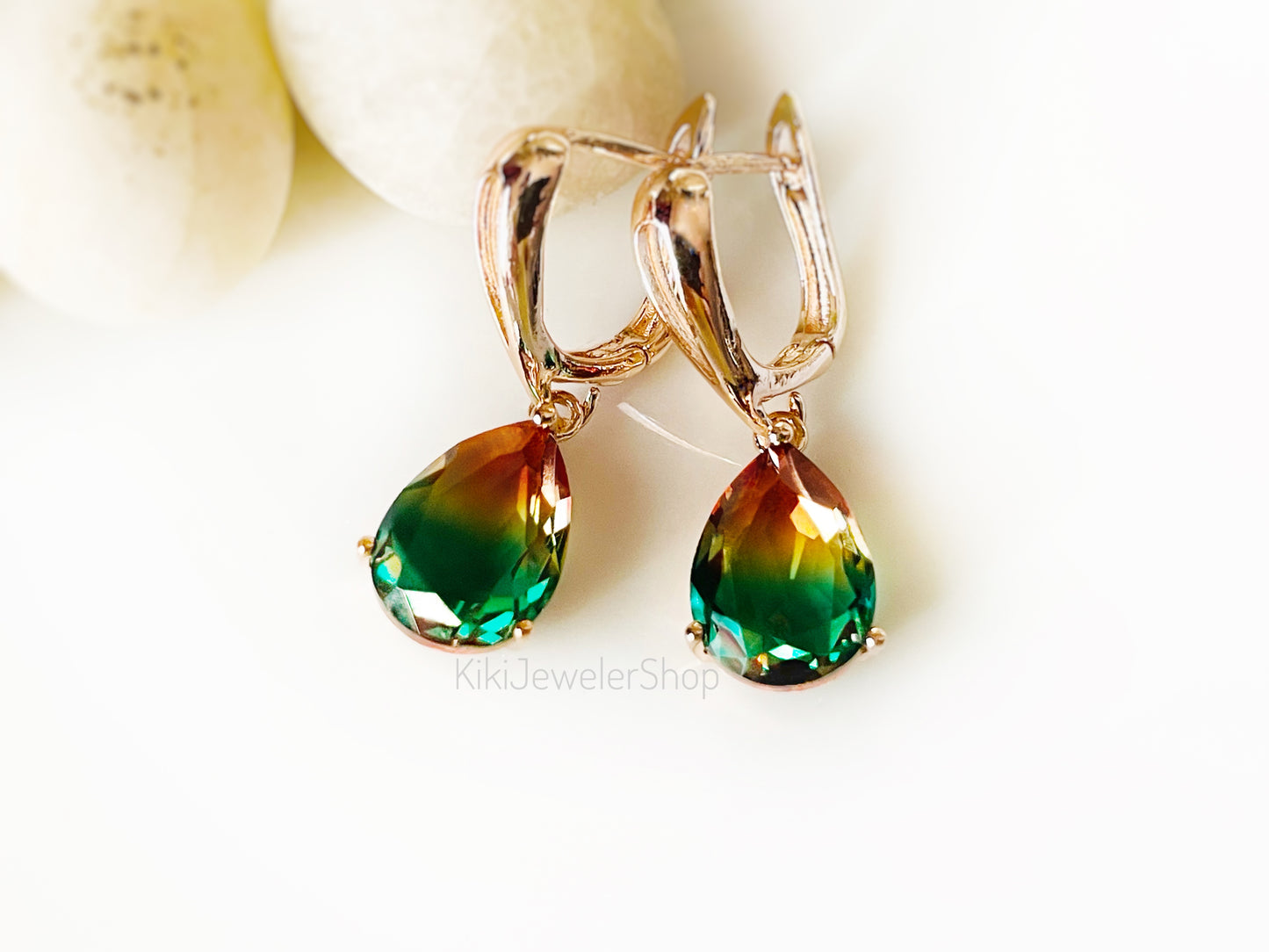 Watermelon tourmaline dangles Gold