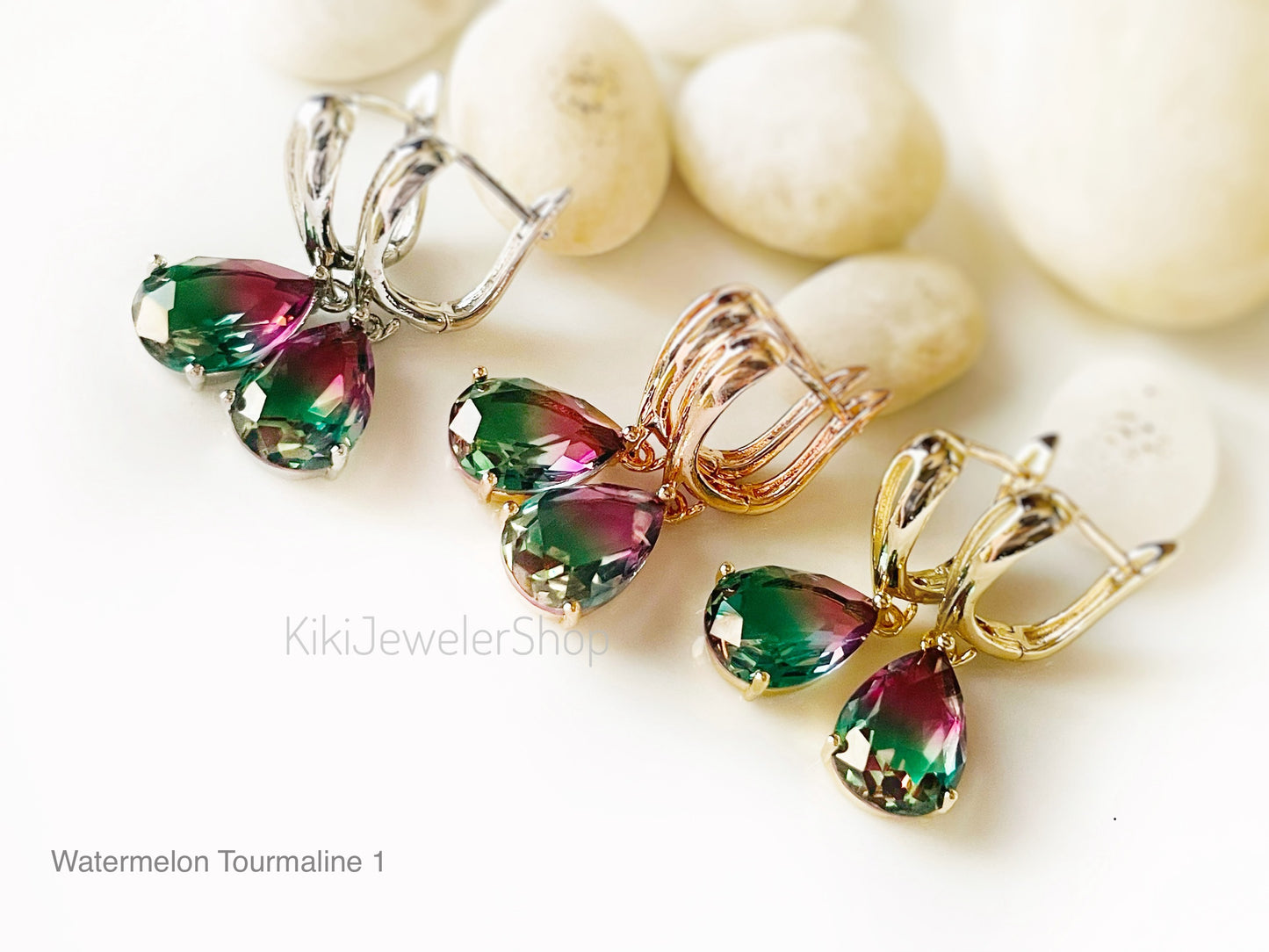 Watermelon tourmaline dangles Gold