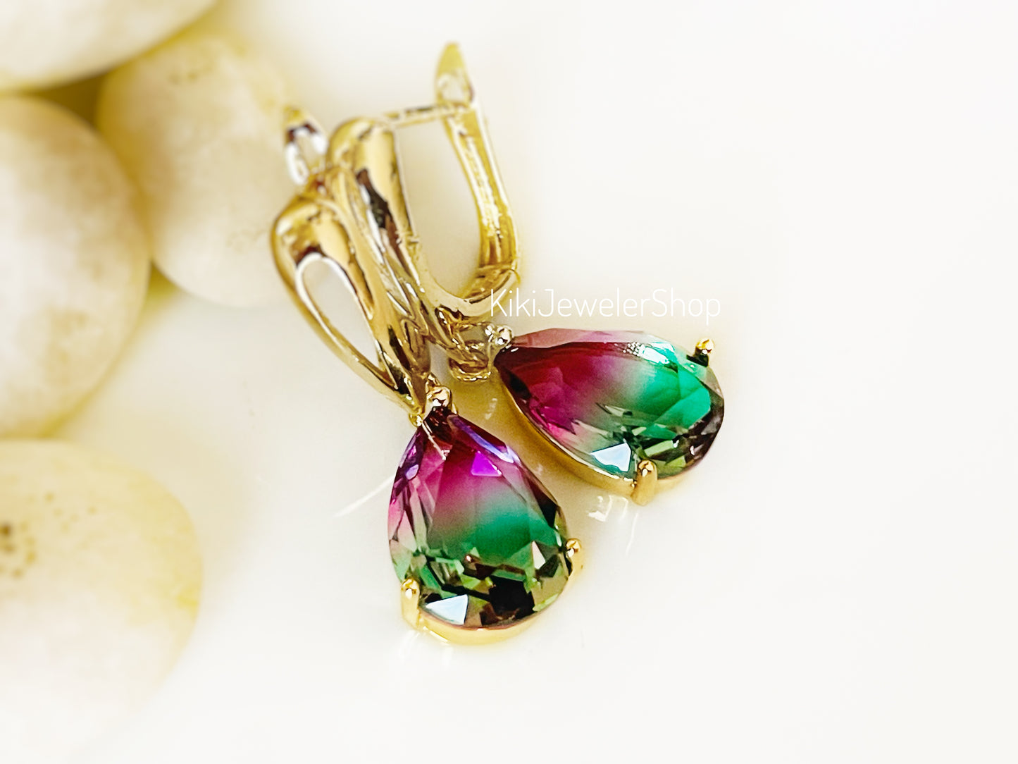 Watermelon tourmaline dangles Gold