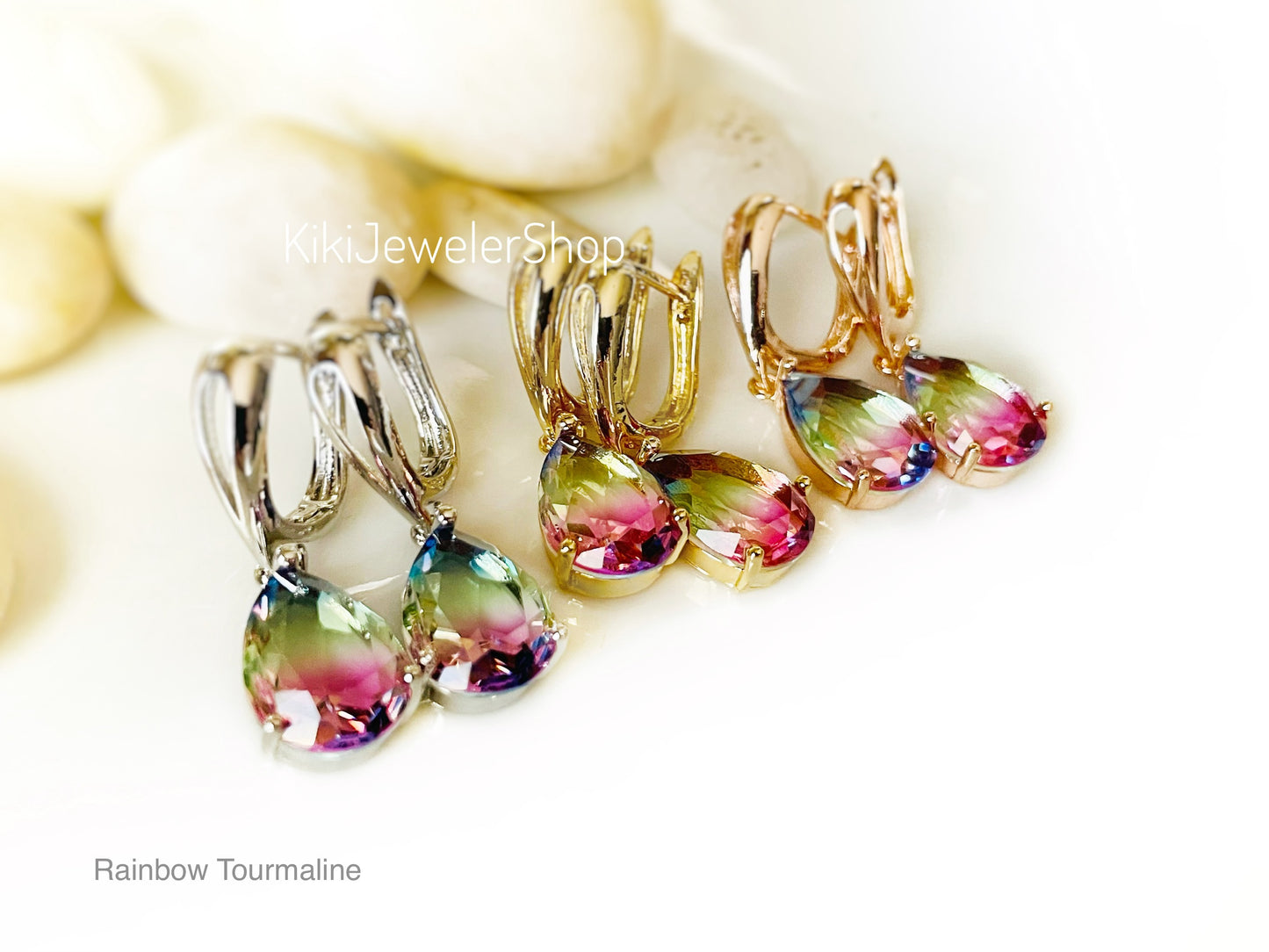 Watermelon tourmaline dangles Gold