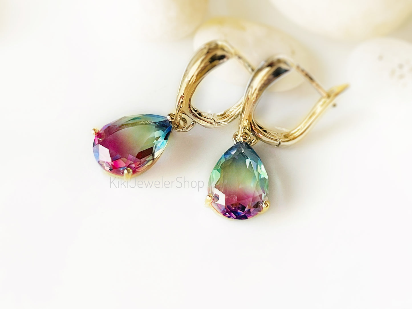 Watermelon tourmaline dangles Gold