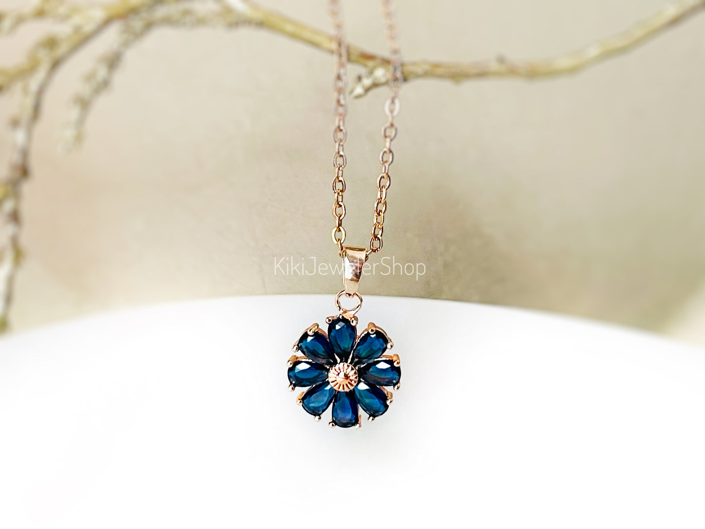 Garnet Daisy flower charm necklace, red flower pendant necklace