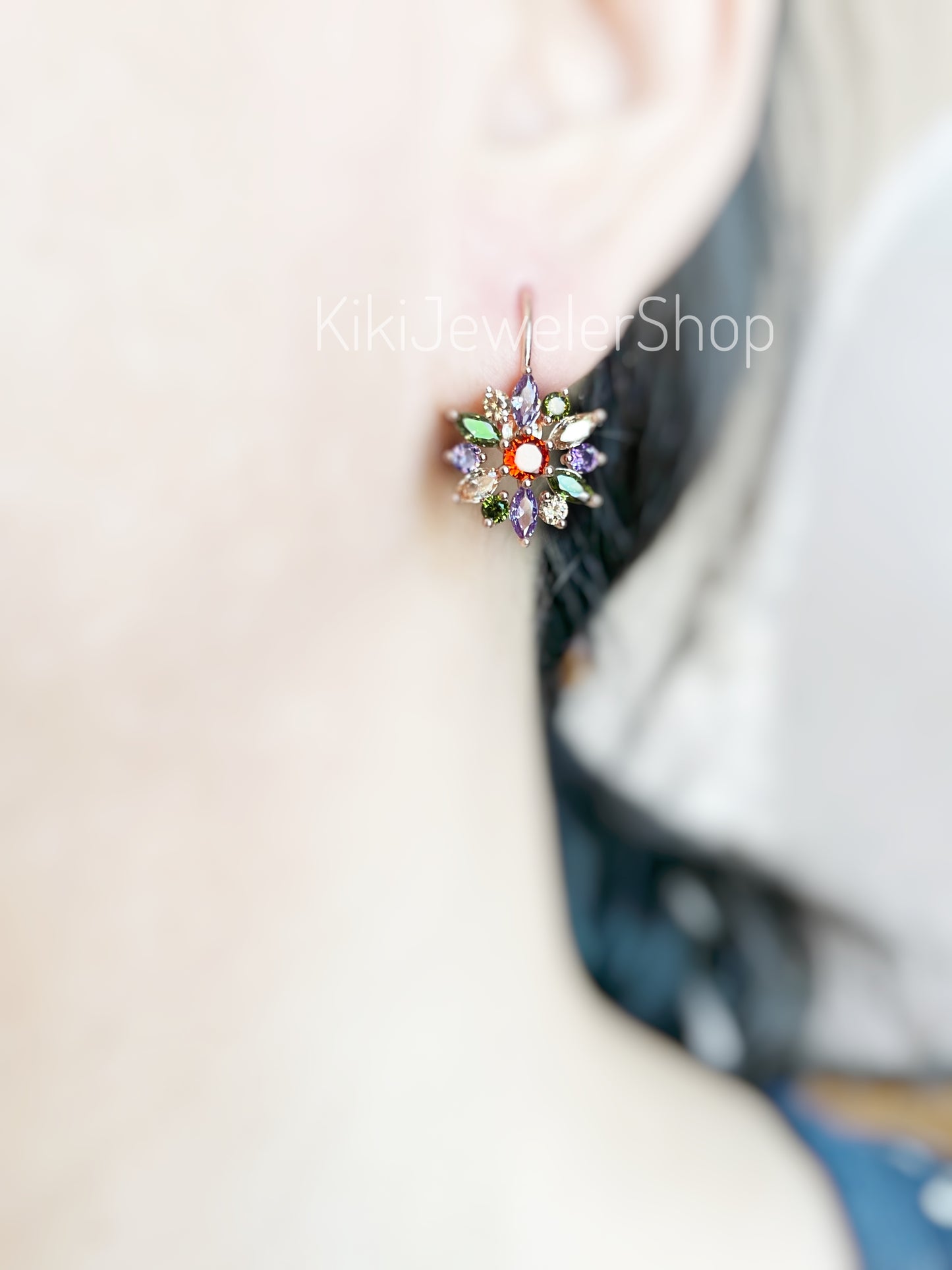 Blue+White Sapphire Snowflake Flower Leverback Earrings