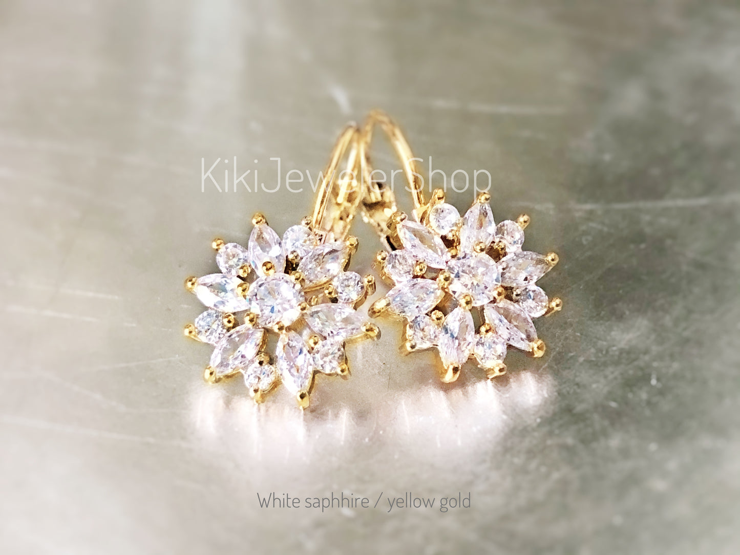 Blue+White Sapphire Snowflake Flower Leverback Earrings