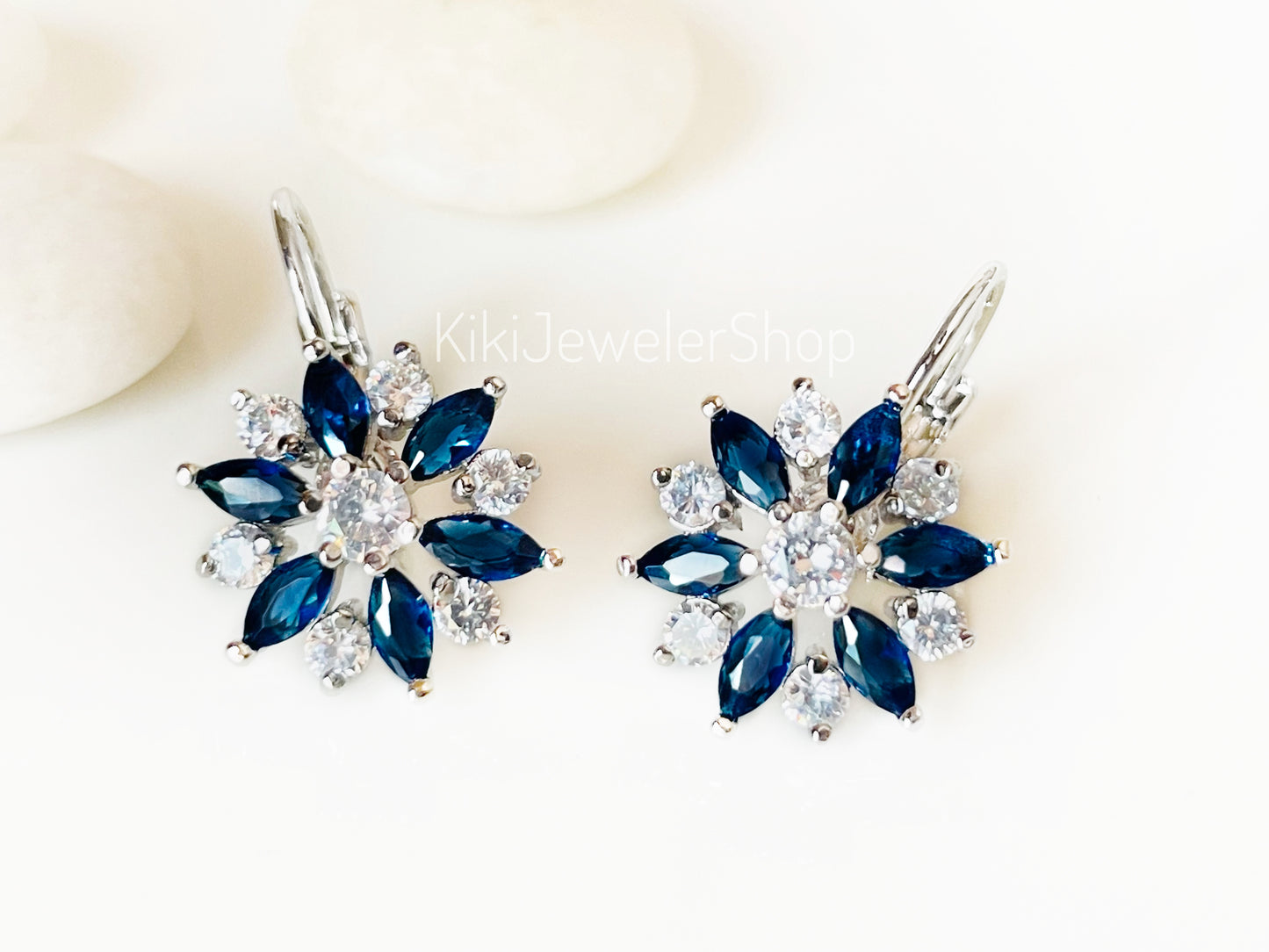 Blue+White Sapphire Snowflake Flower Leverback Earrings