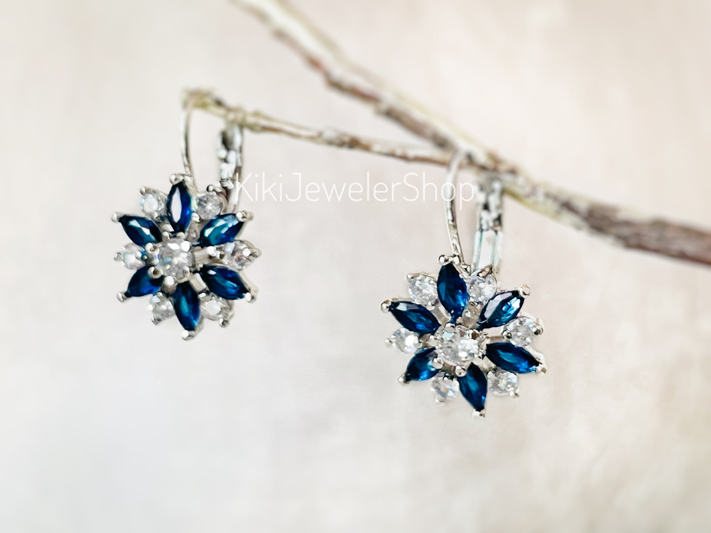 Blue+White Sapphire Snowflake Flower Leverback Earrings