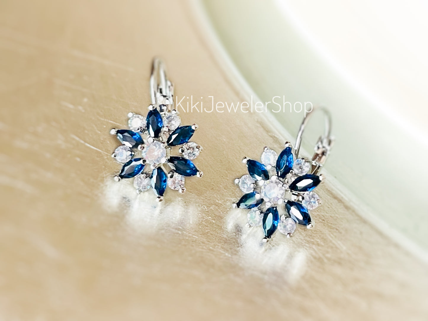 Blue+White Sapphire Snowflake Flower Leverback Earrings
