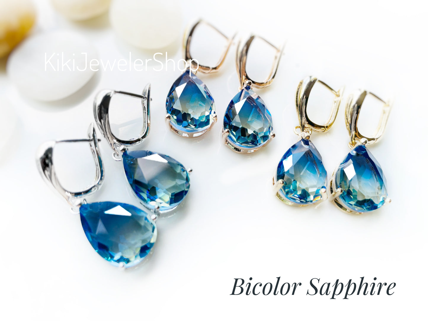 Large bicolor blue sapphire dangles gold