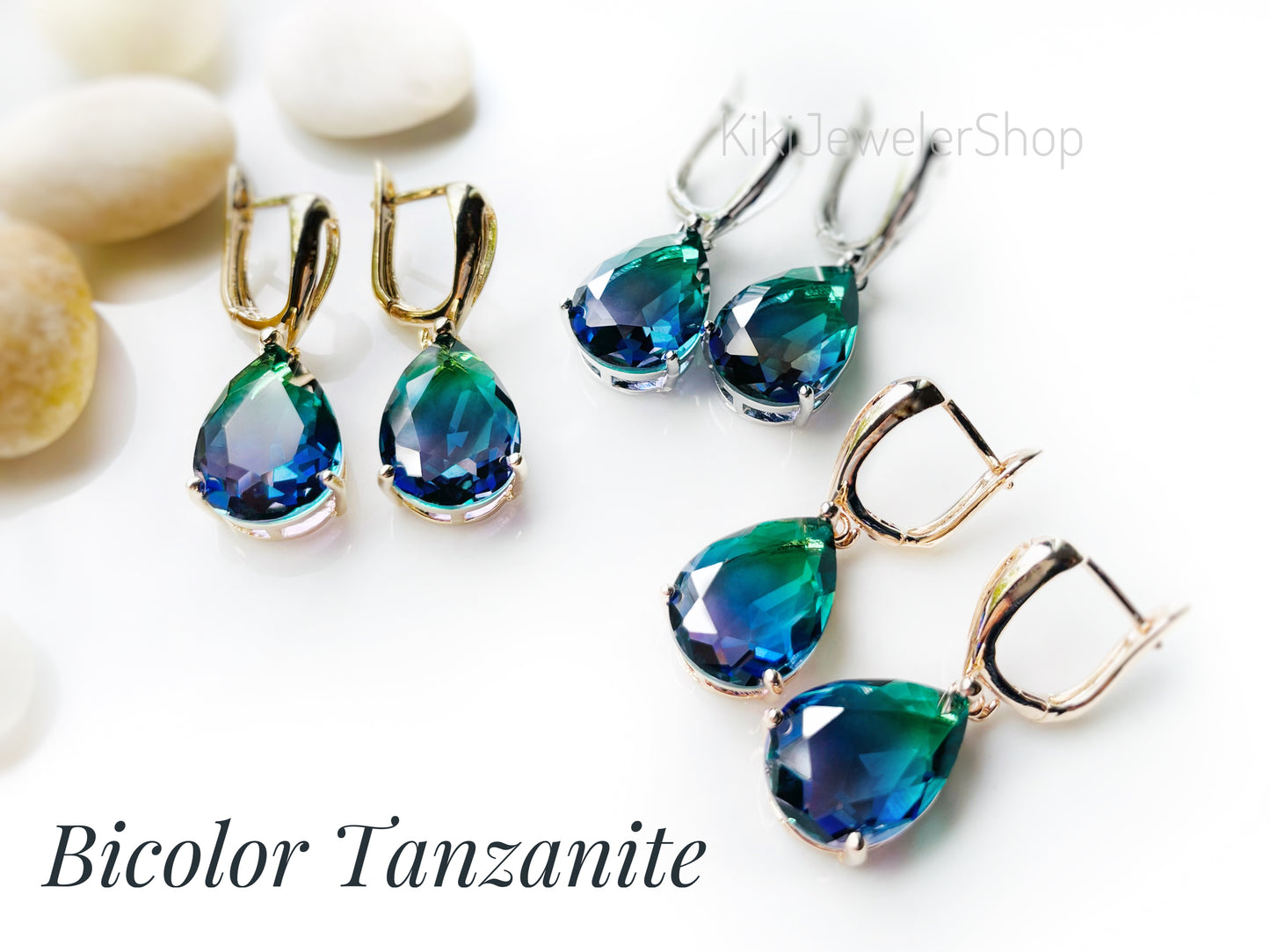 Large bicolor blue sapphire dangles gold
