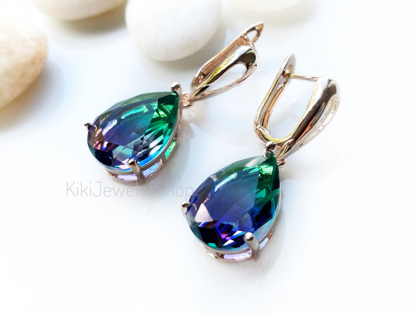 Large bicolor blue sapphire dangles gold