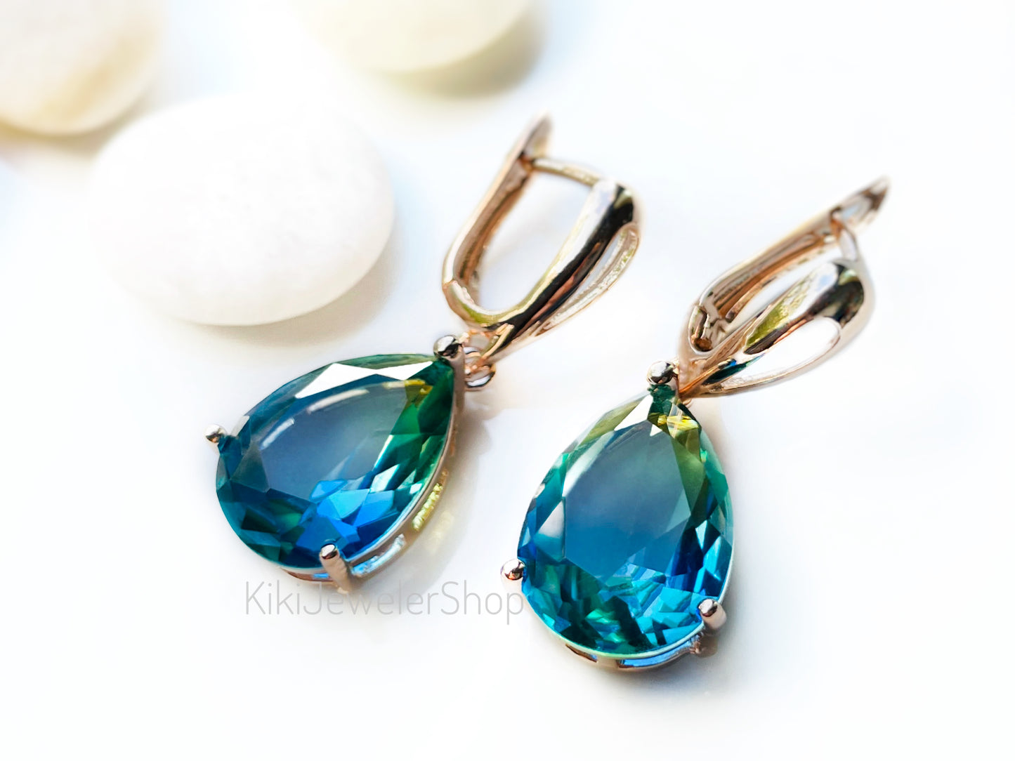 Large bicolor blue sapphire dangles gold