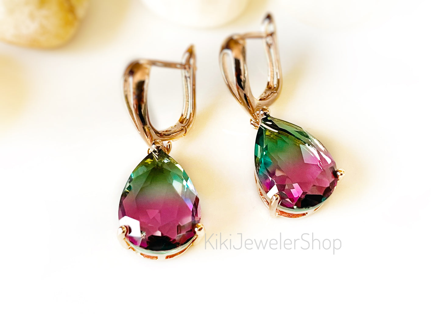 Large bicolor blue sapphire dangles gold