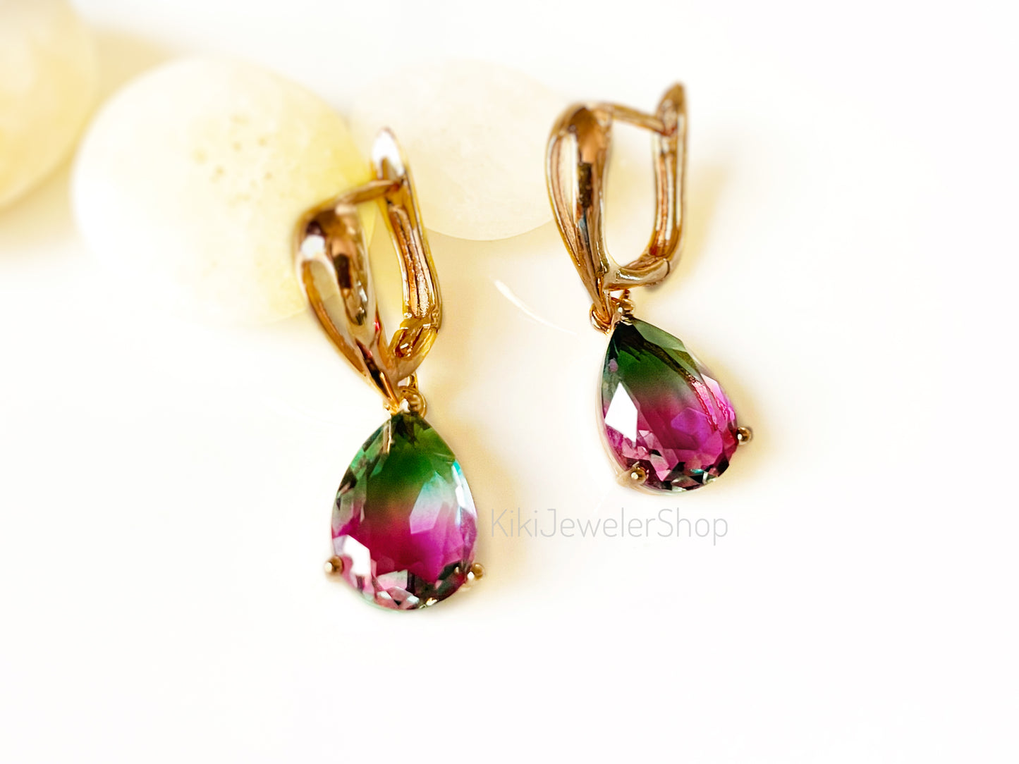 Watermelon tourmaline dangles Gold