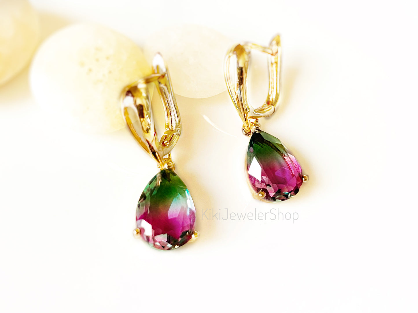 Watermelon tourmaline dangles Gold