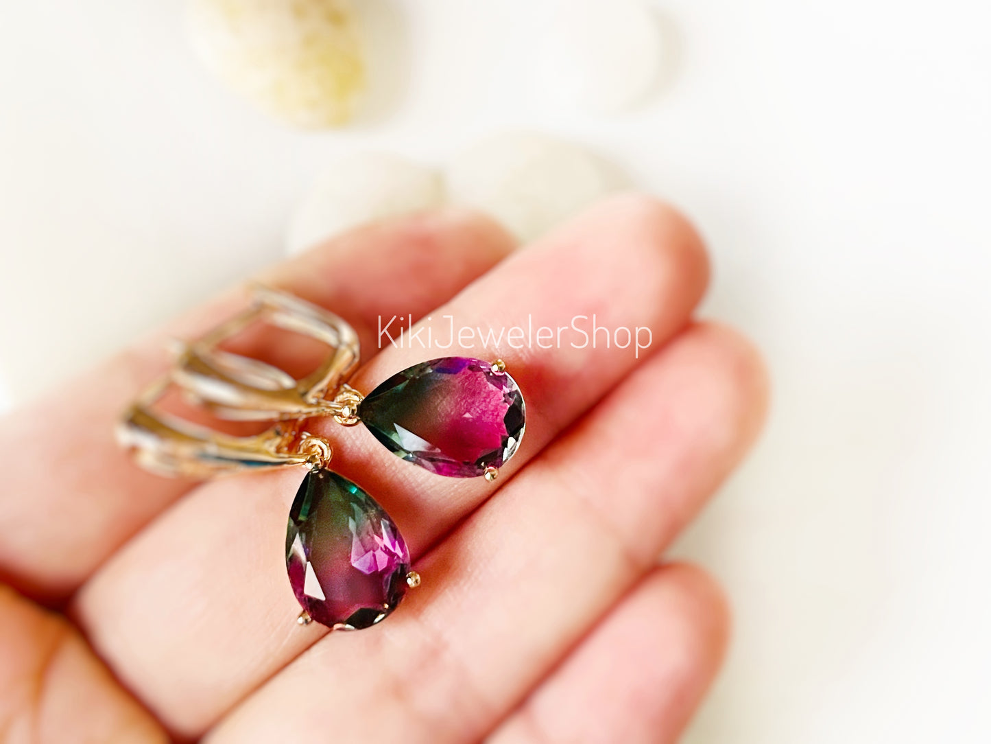 Watermelon tourmaline dangles Gold
