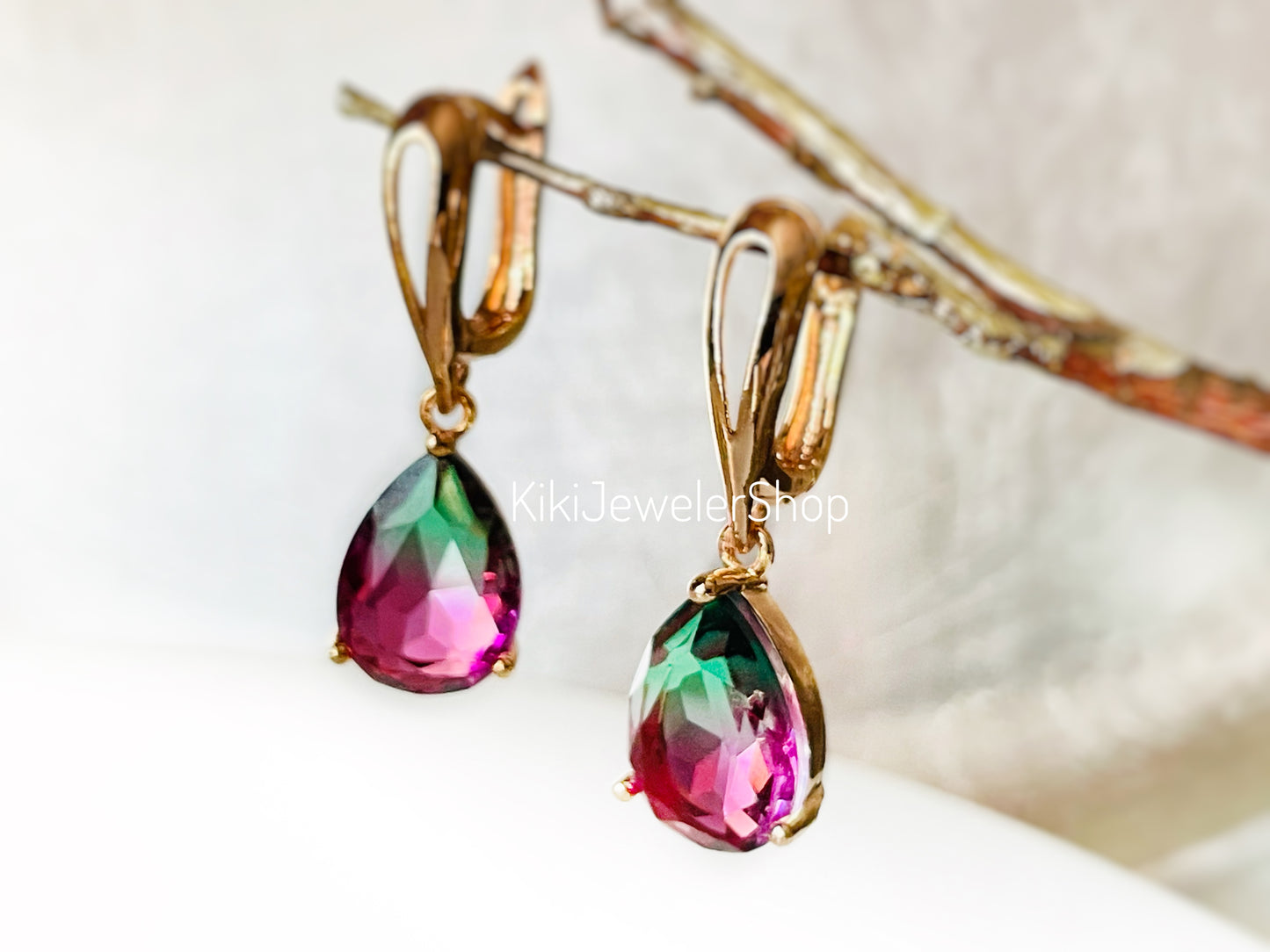 Watermelon tourmaline dangles Gold