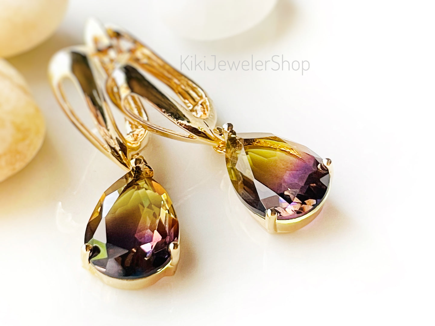 Watermelon tourmaline dangles Gold