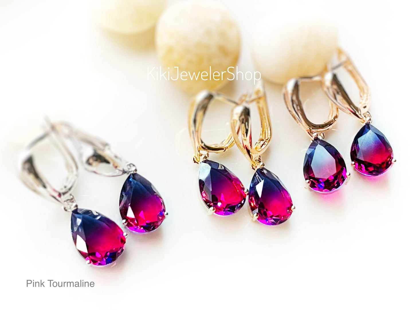 Watermelon tourmaline dangles Gold