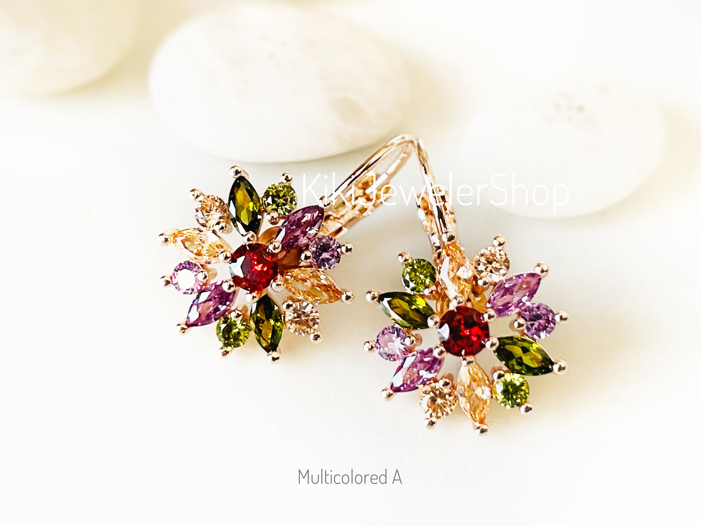 Blue+White Sapphire Snowflake Flower Leverback Earrings