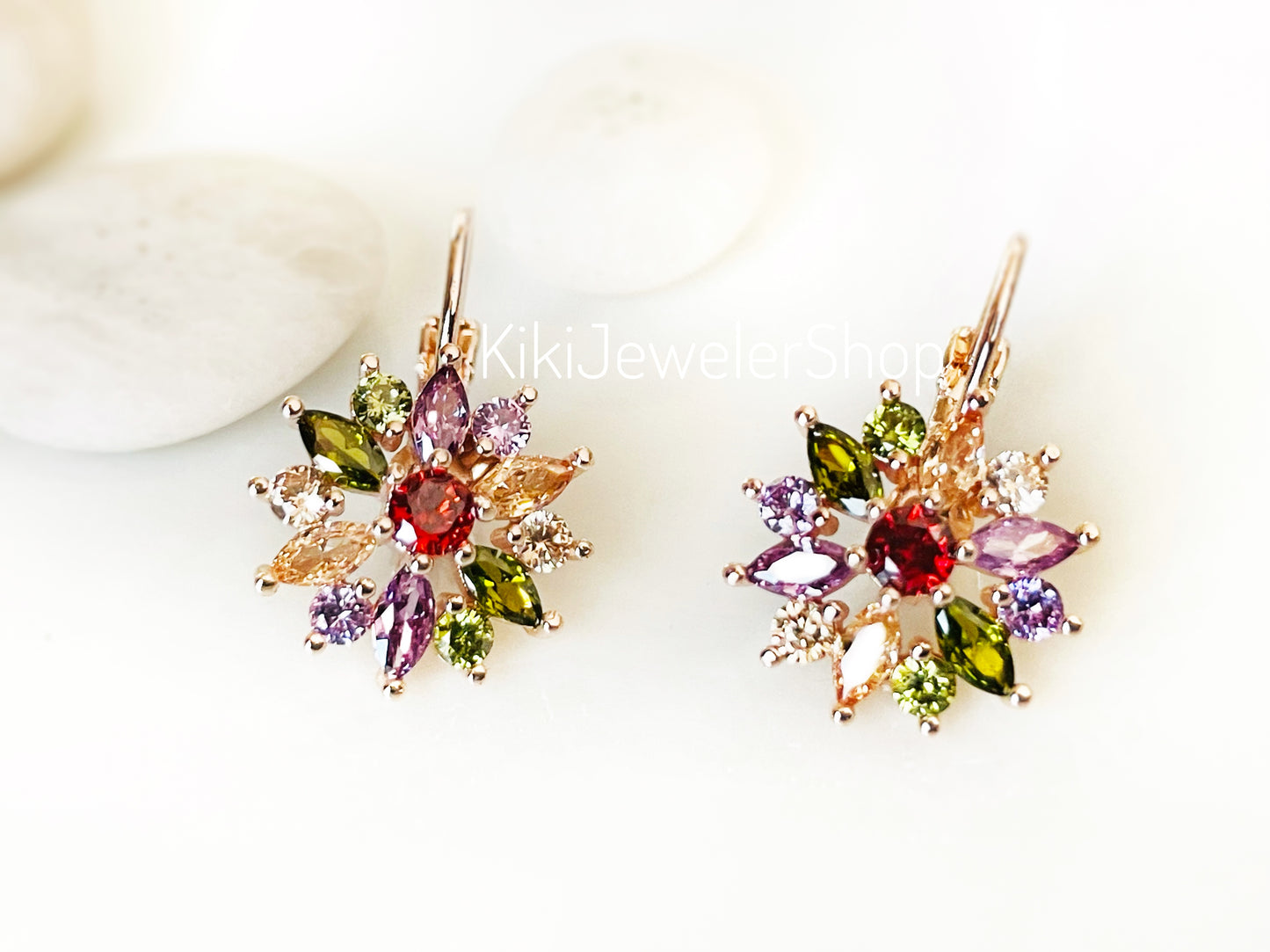 Blue+White Sapphire Snowflake Flower Leverback Earrings