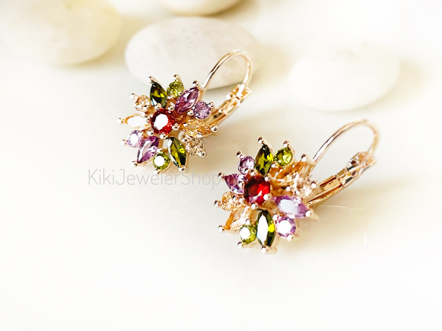 Blue+White Sapphire Snowflake Flower Leverback Earrings