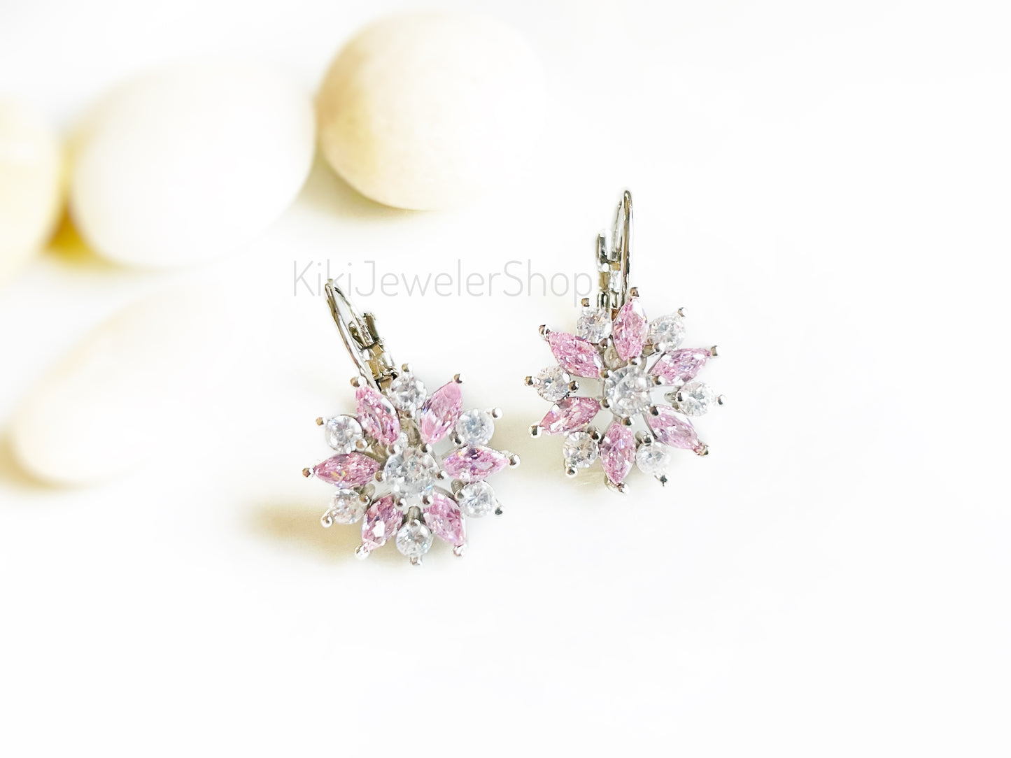 Blue+White Sapphire Snowflake Flower Leverback Earrings