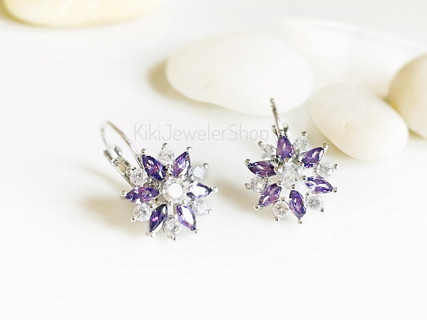 Blue+White Sapphire Snowflake Flower Leverback Earrings