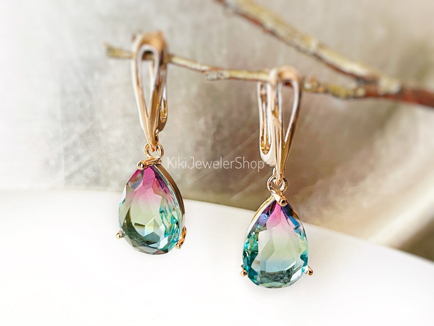 Watermelon tourmaline dangles Gold