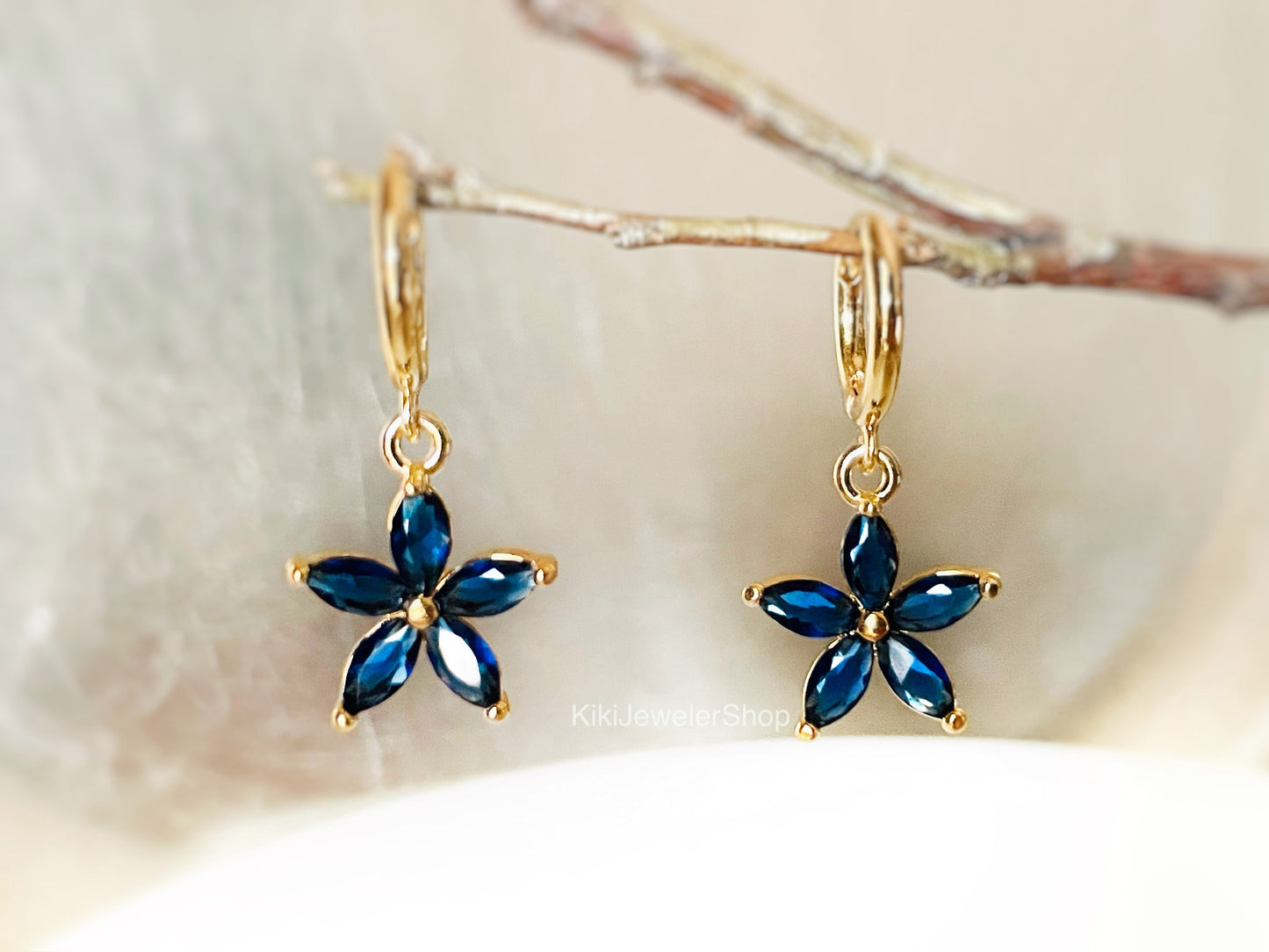 White Sapphire Flower Dangle Earrings
