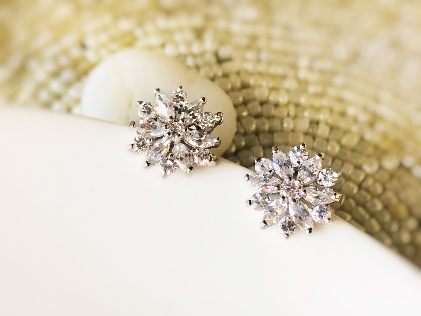 White sapphire flower stud earrings, flower stud earrings, snowflake earrings, gift for her, gift for mom, January birthstone