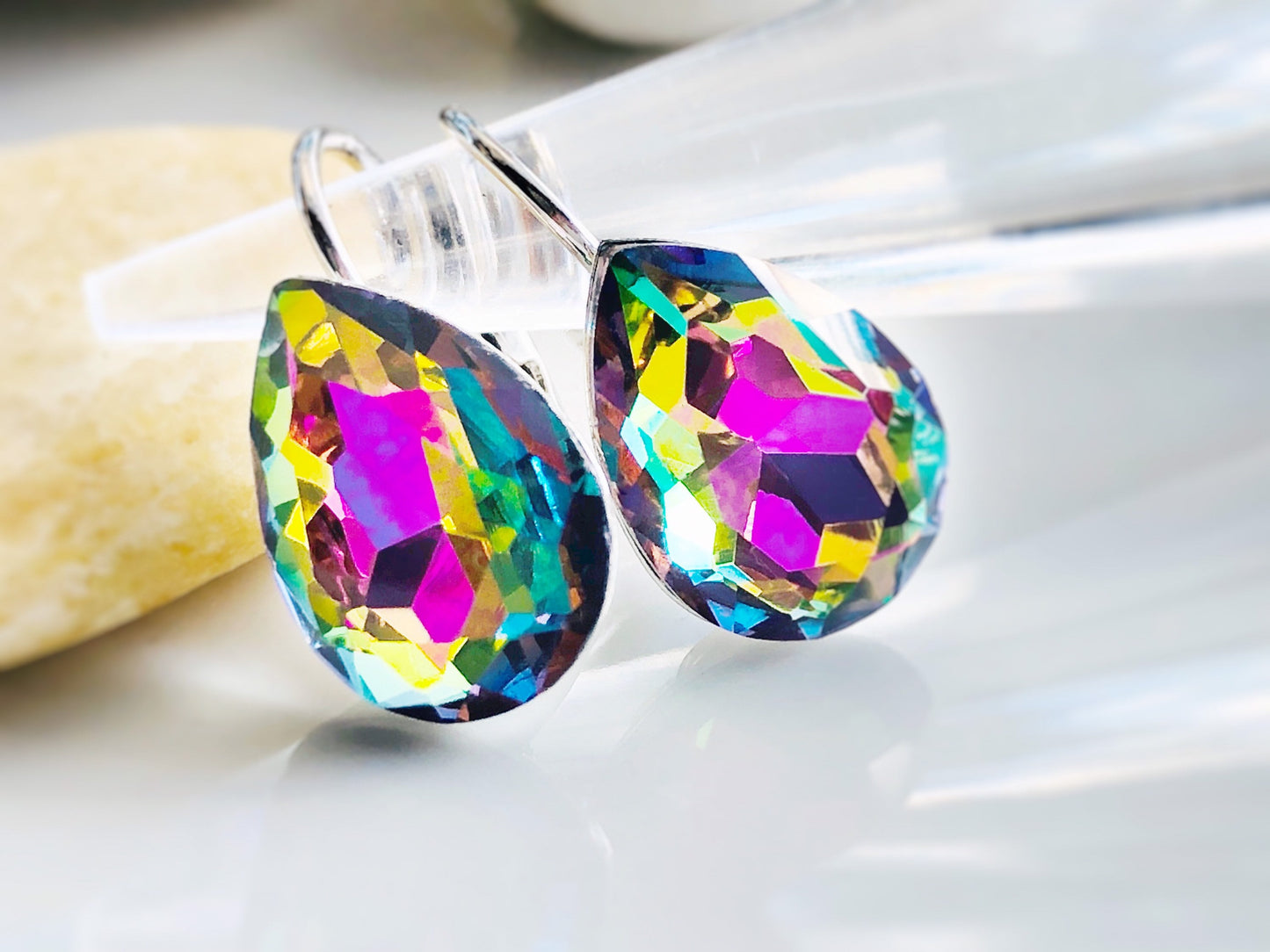 Peacock fancy crystal solitaire lever back earring in white gold, fancy green pink Crystal studs, gift for mom,