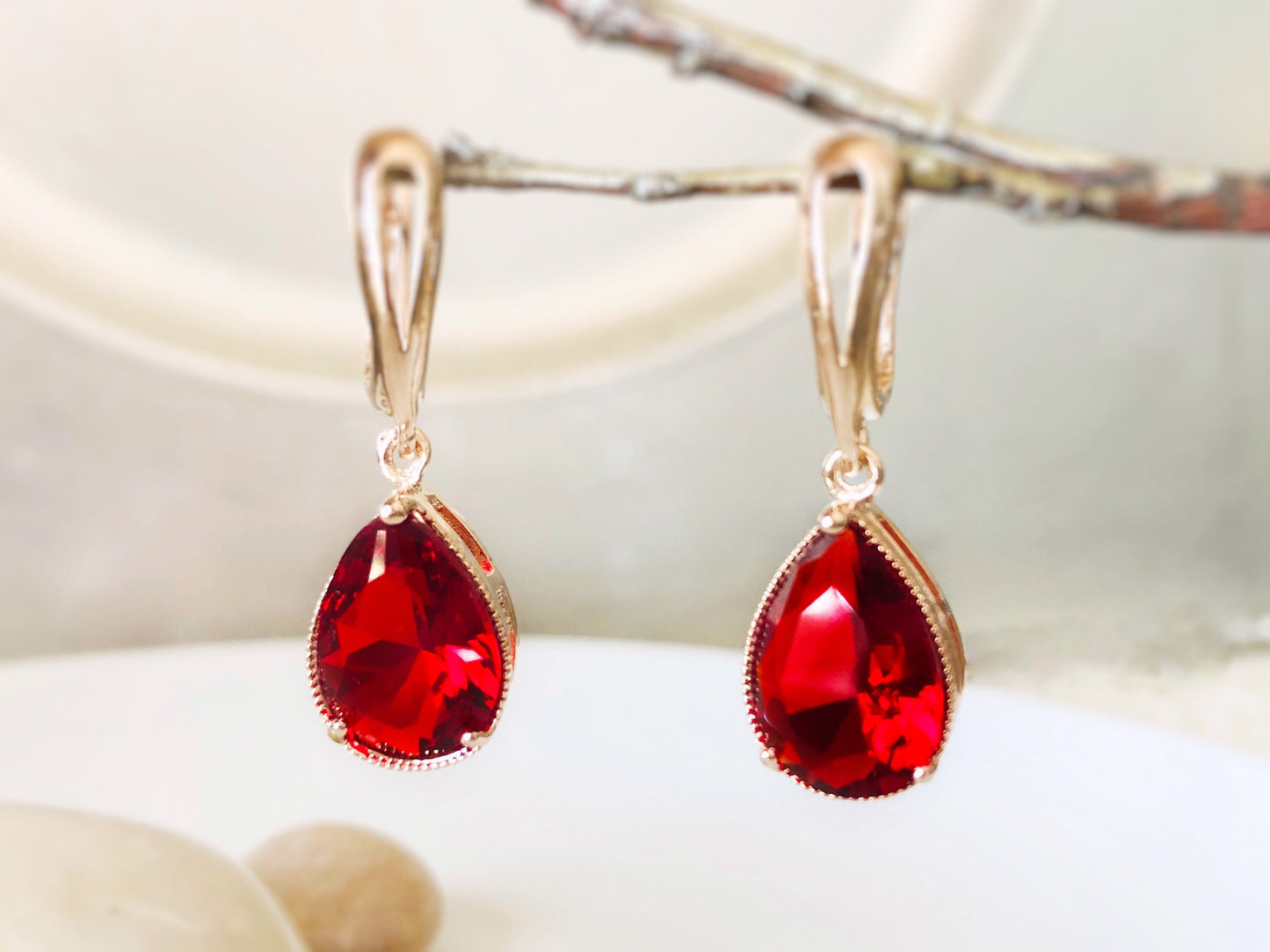 Ruby teardrop dangle earrings, July birthstones, red gemstone earrings, gift for her, gift for mom