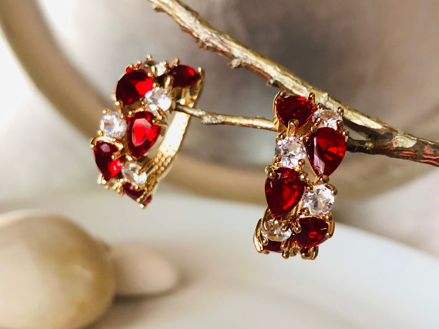 Ruby cluster large hoop earrings, red white gemstone statement hoop earrings, gift for mom, gift for her, July birthstone