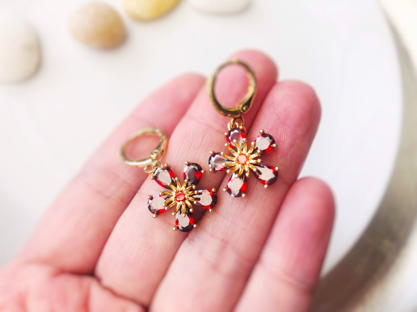 Ruby flower dangle earrings in 14k gold, red gemstone flower drop earrings, July birthstone earrings, gift for mom, gift for her