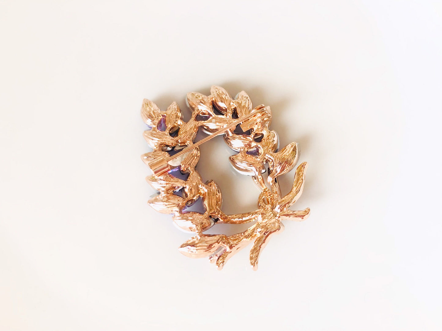 Amethyst crystal laural wreath brooch in 14K rose gold, gift for her, gift for mom