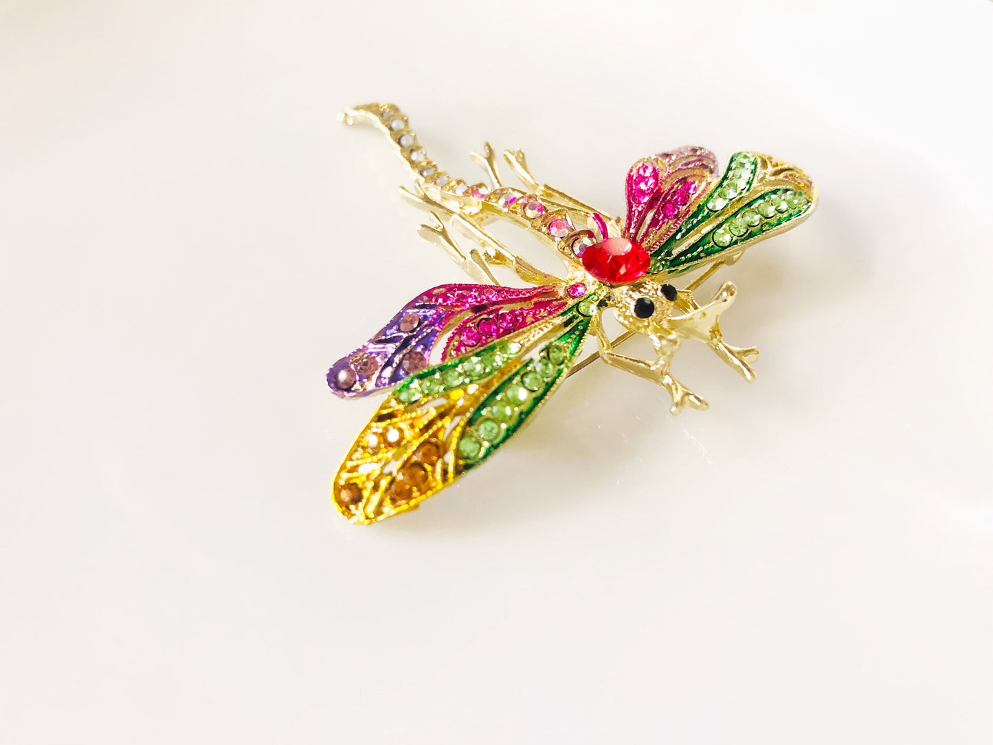 Multicolored dragonfly crystal brooch pin in 14K gold plated, gift for her, gift for mom