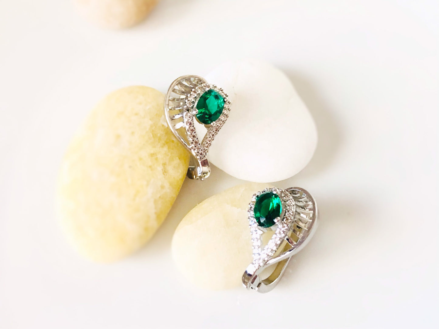 Emerald lever back stud earrings, statement green gemstone halo studs, gift for her, gift for mom, May birthstone