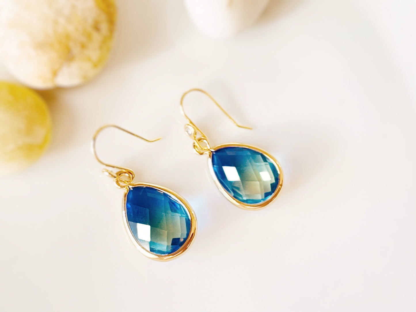 Bicolor sapphire drop earrings in 14K gold, Yellow blue sapphire teardrop crystal drop earrings, bridal jewelry, bridesmaids earrings