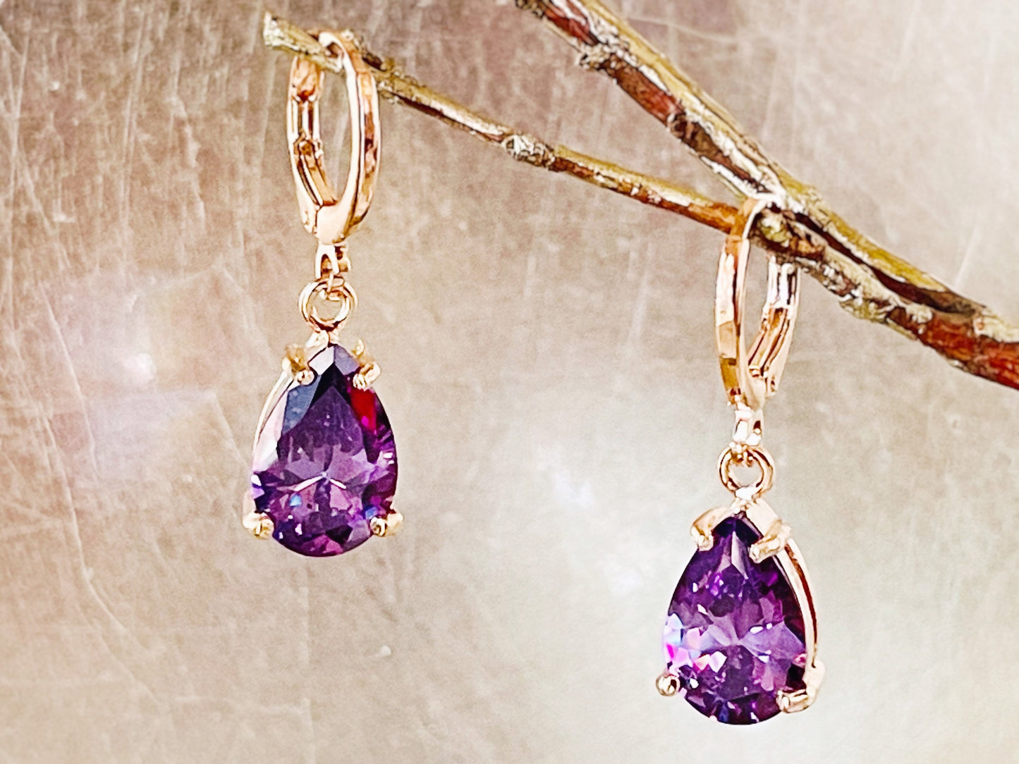 Amethyst gemstone huggie dangling earring in 18K white gold, February birthstones, purple gemstone earrings, gift for her, gift for mom