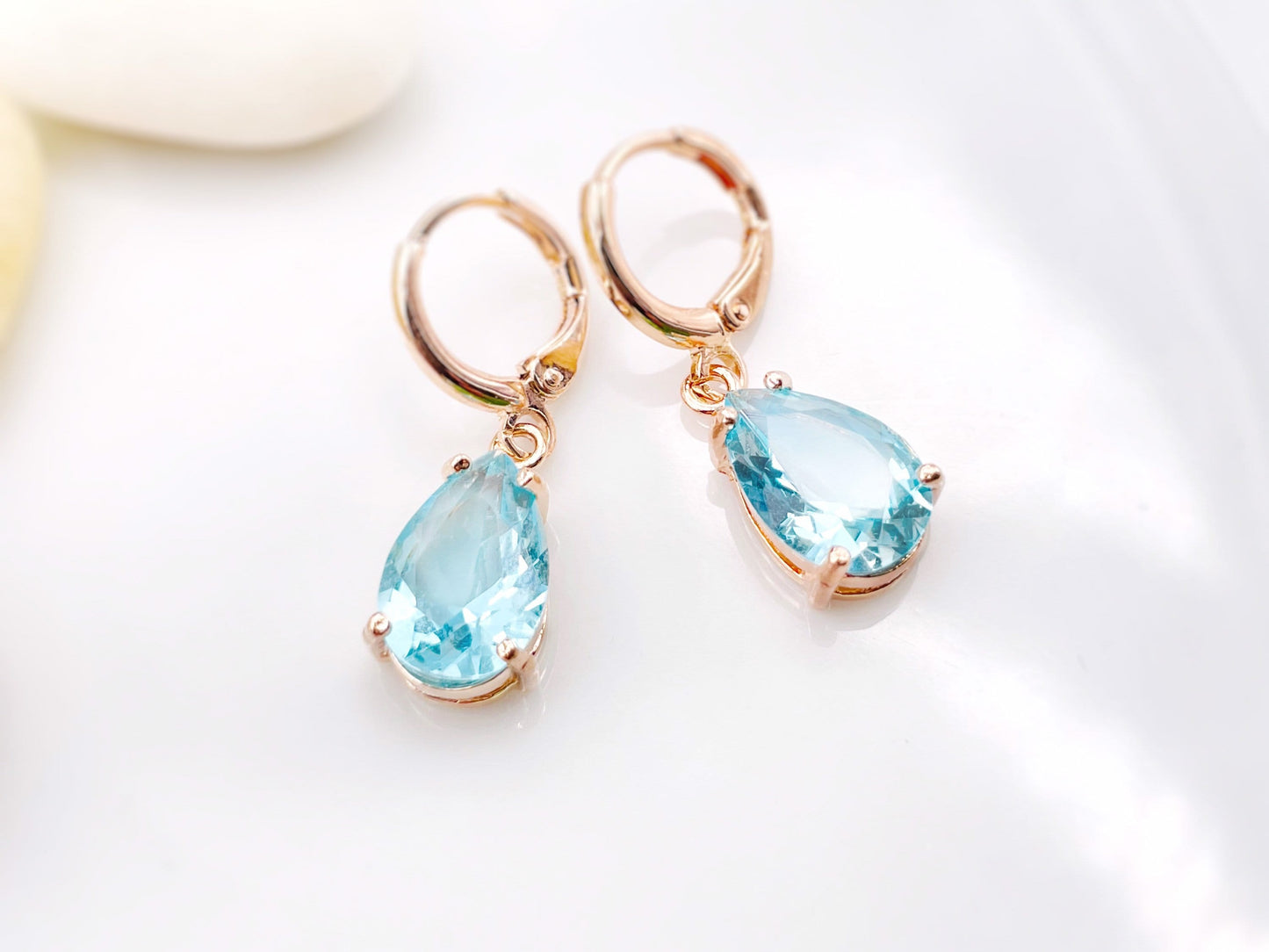 Aquamarine gemstone huggie dangle earrings, March birthstones, blue gemstone teardrop earrings, gift for her, gift for mom