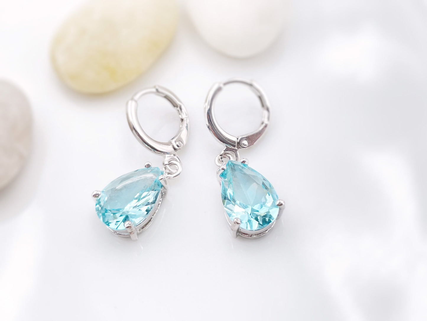Aquamarine huggie dangle earrings, March birthstones, blue gemstone teardrop earrings, gift for her, gift for mom