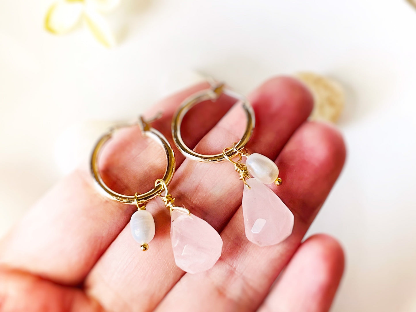 Strawberry quartz pearl gold hoop earrings, natural pink quartz gemstone pearl earrings, October birthstone, gift for her, gift for mom