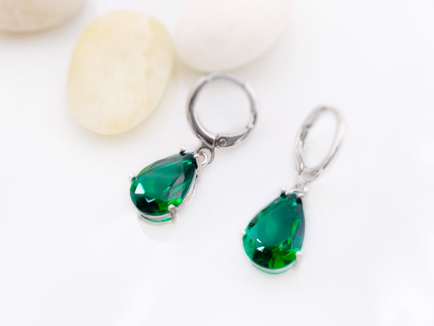 Emerald gemstone huggie dangle earrings, May birthstones, teardrop green gemstone earrings, gift for her, gift for girl