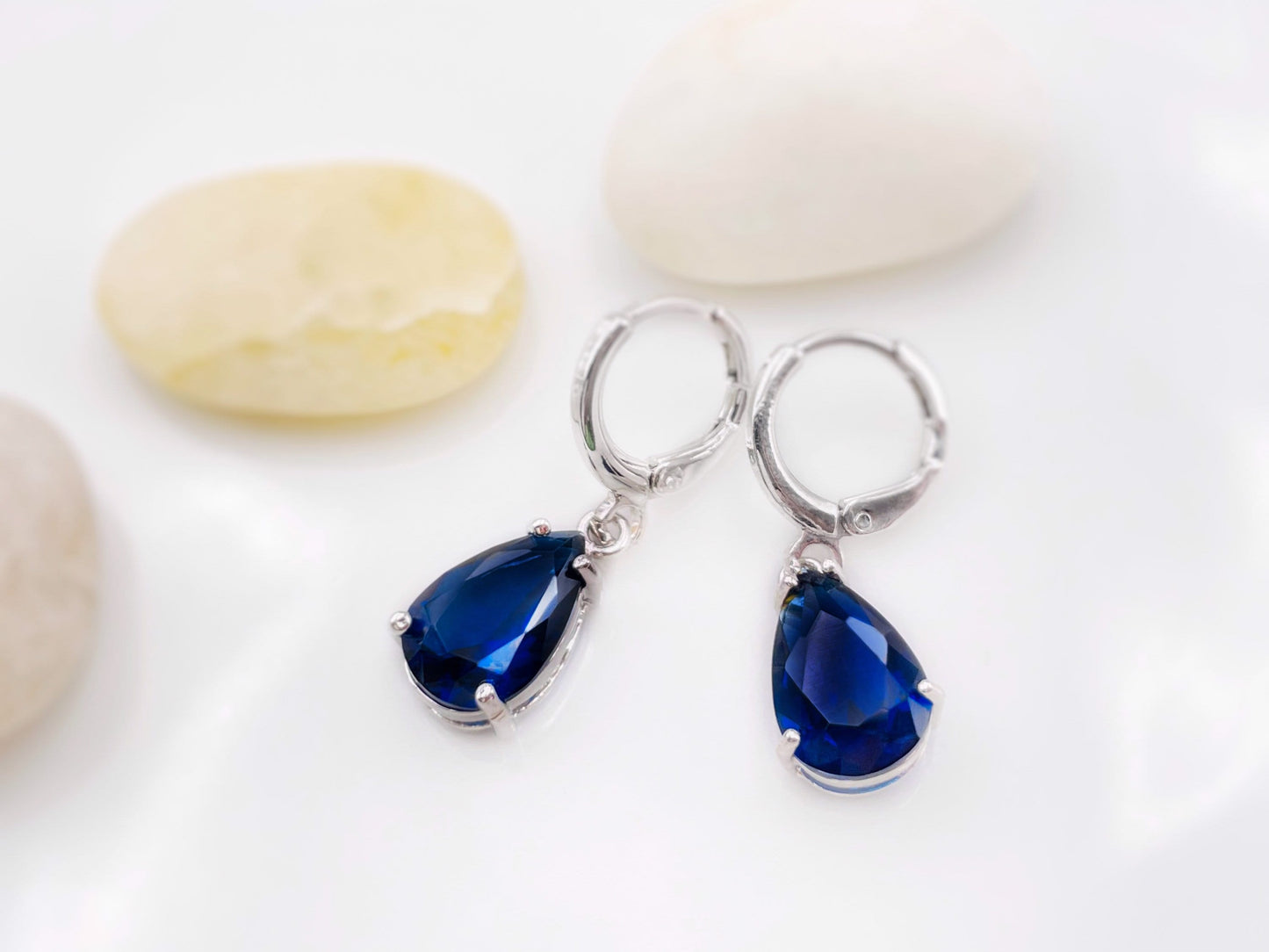 Sapphire teardrop dangle earrings, September birthstone, navy blue gemstone earrings, gift for her, gift for girl, bridesmaids gift