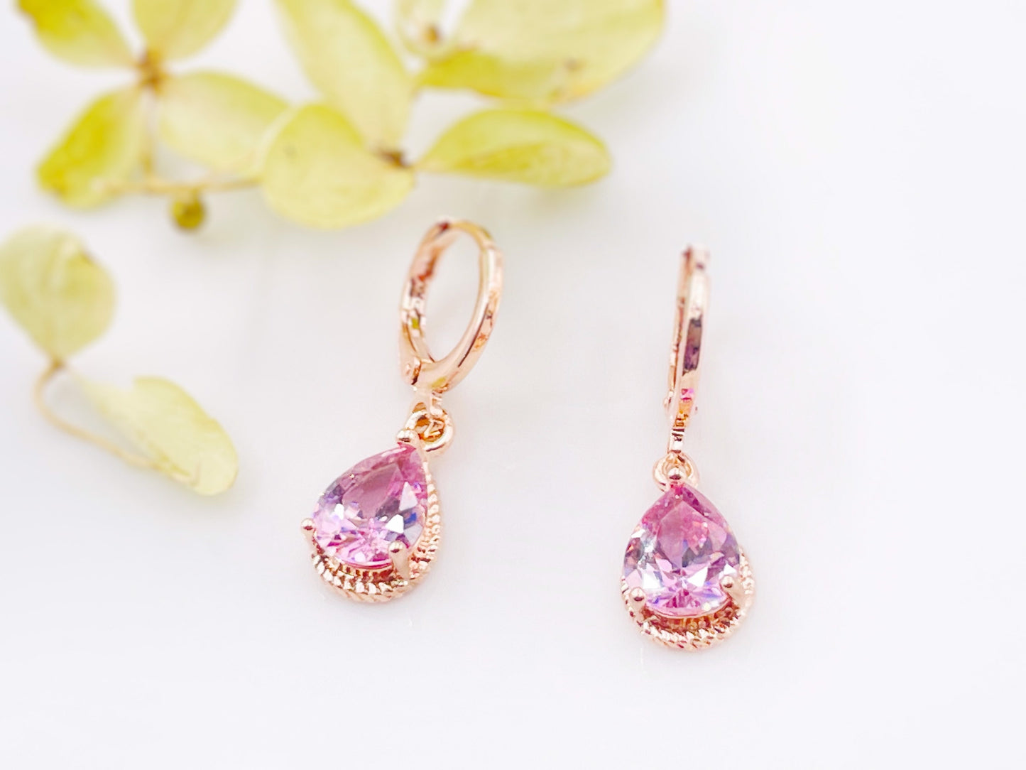 Pink sapphire gemstone huggie dangle earring in 18K white gold, October birthstones, pink gem teardrop earrings, girl earrings, gift for her