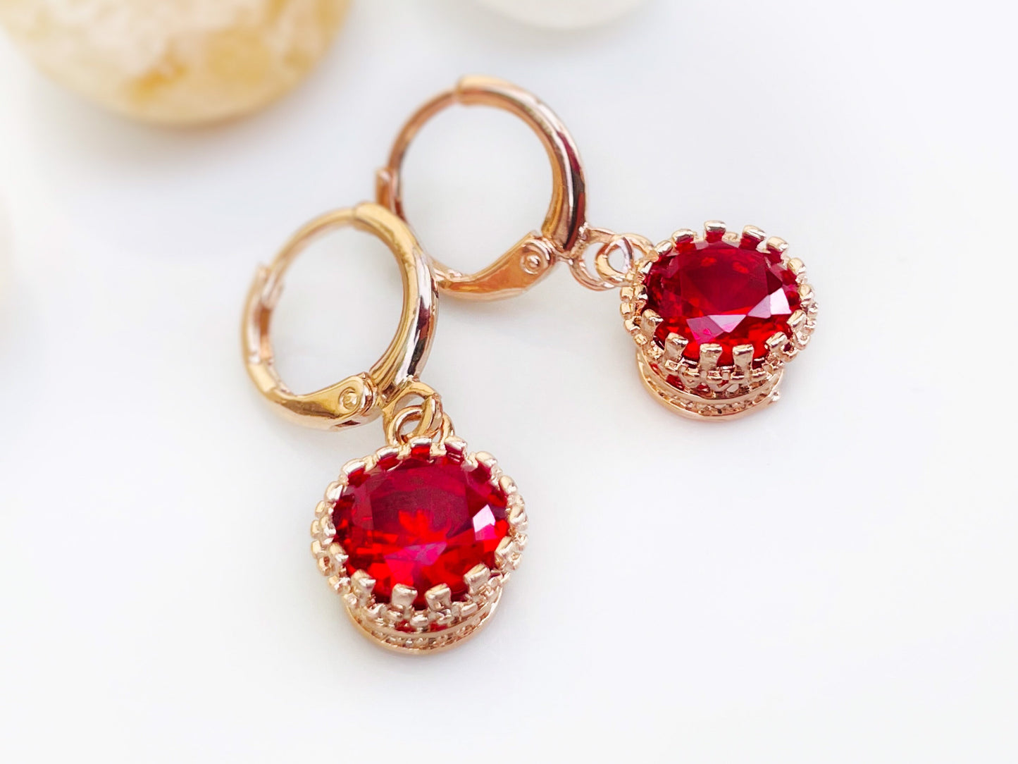 Small ruby 8mm bezel dangle earrings, red gemstone huggie drop earrings, gift for her, gift for daughter, July birthstone