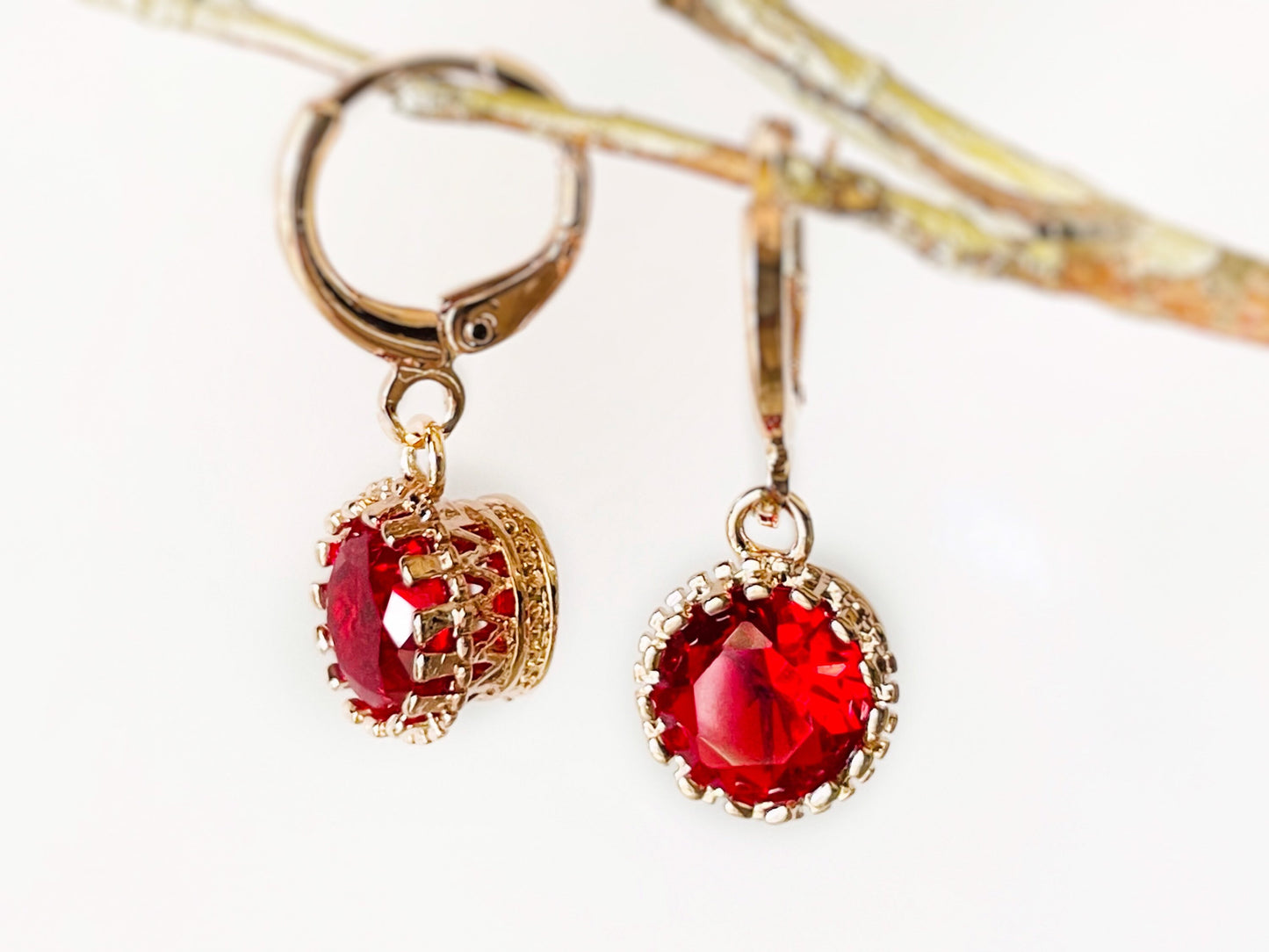 Small ruby 8mm bezel dangle earrings, red gemstone huggie drop earrings, gift for her, gift for daughter, July birthstone