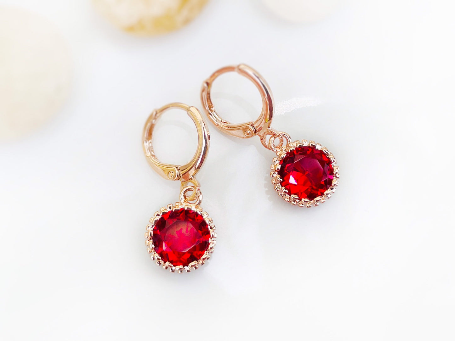 Small ruby 8mm bezel dangle earrings, red gemstone huggie drop earrings, gift for her, gift for daughter, July birthstone