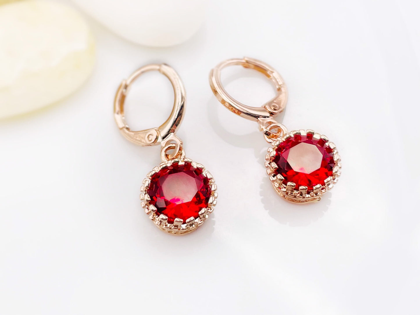 Small ruby 8mm bezel dangle earrings, red gemstone huggie drop earrings, gift for her, gift for daughter, July birthstone
