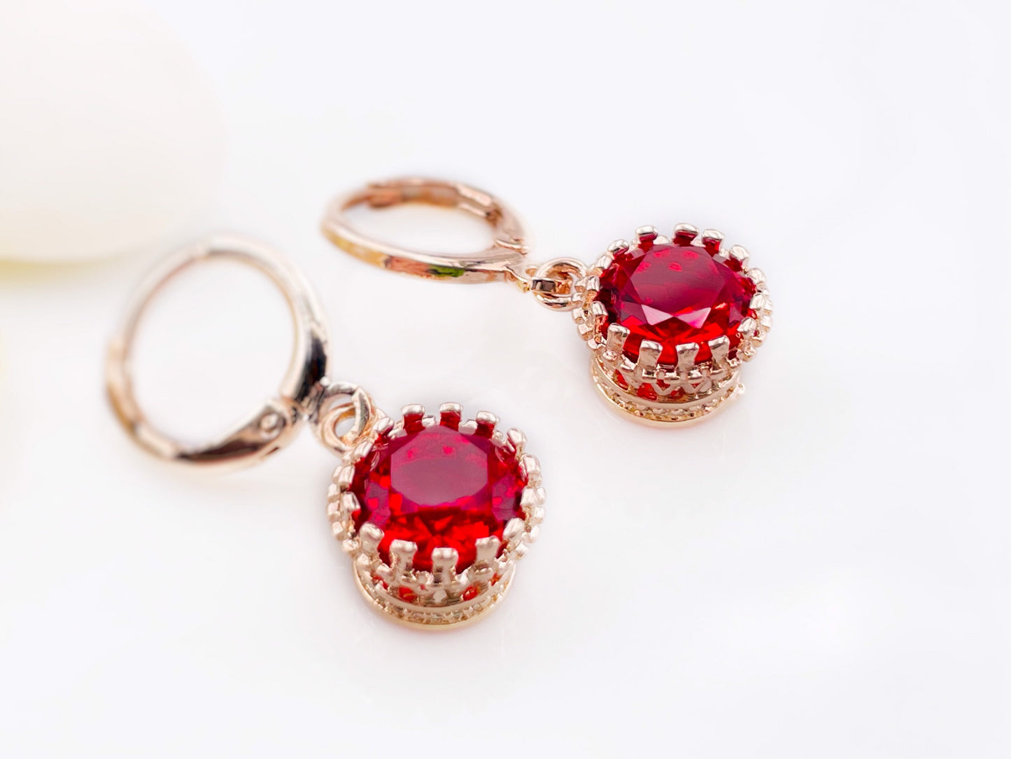 Small ruby 8mm bezel dangle earrings, red gemstone huggie drop earrings, gift for her, gift for daughter, July birthstone